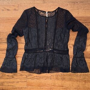 Free People Penelope Peplum Sheer Lace Black Top Blouse Size XS